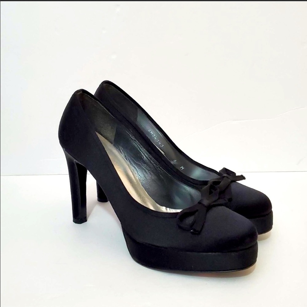Stuart Weitzman Black Satin Platform Pumps w/ bow detail